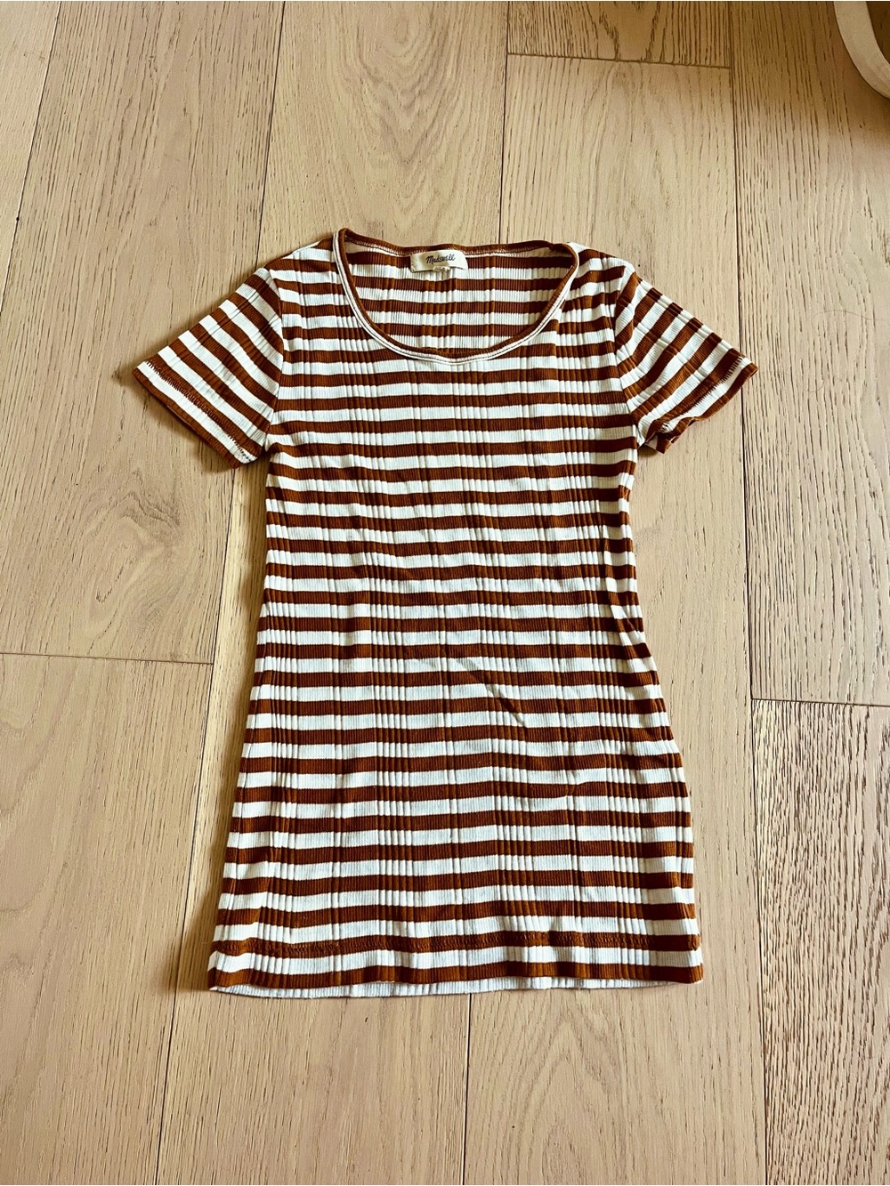 Madewell Striped Brown and White Ribbed Short Sleeve Top